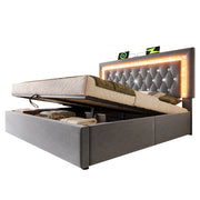 Letto Contenitore Matrimoniale 140x200 cm; USB; Type-C e LED - in Velluto - Grigio