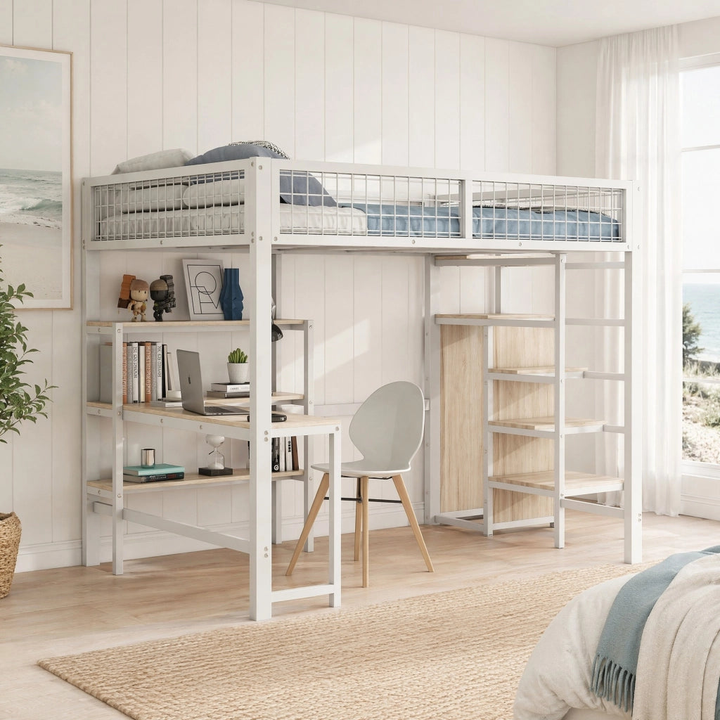 Letto a soppalco 140x200 cm in metallo e MDF, con scrivania, ripiani e armadio, bianco