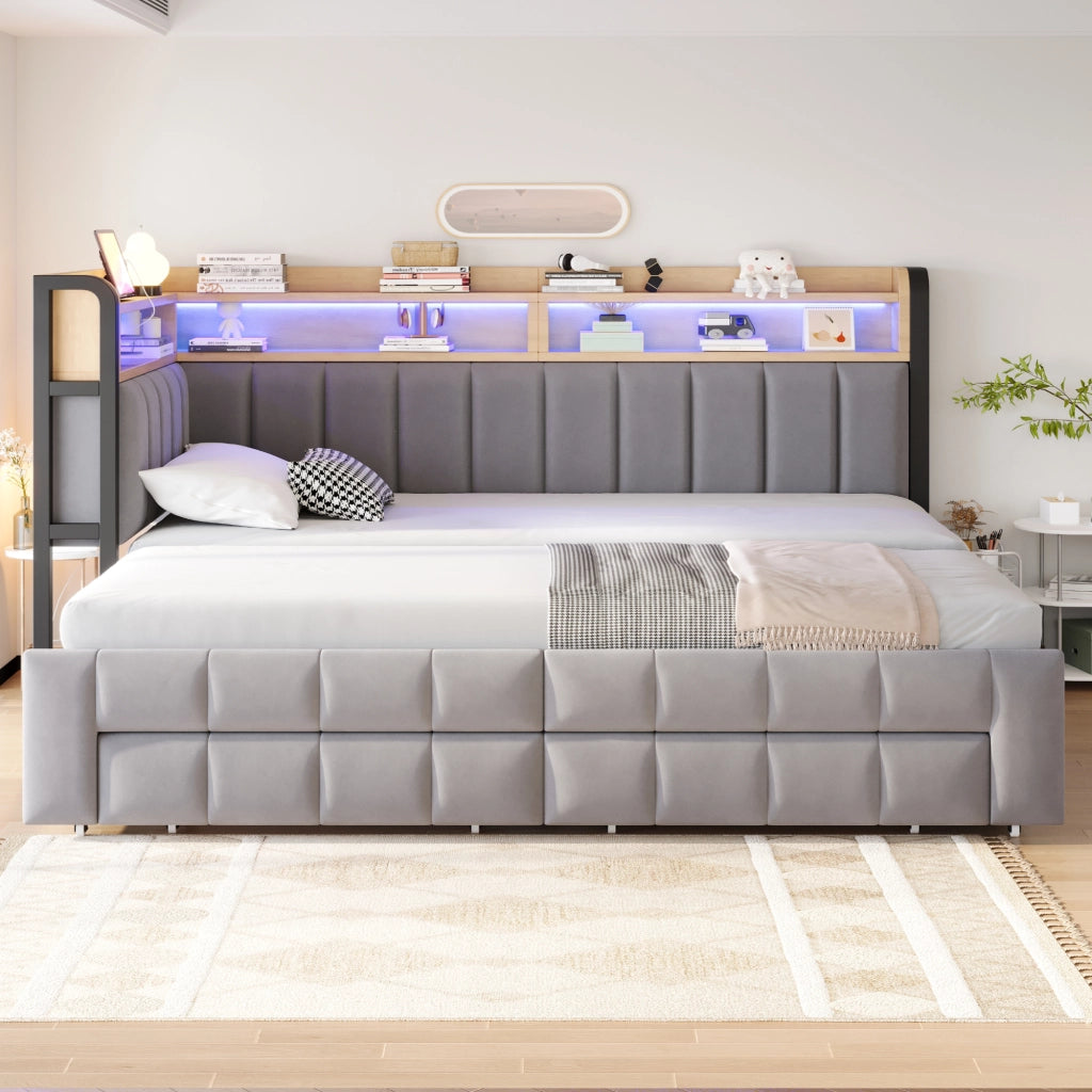 Letto Divano singolo con 2 cassetti; ripiani; LED regolabile; USB e Type-C; 90 × 200 cm; senza materasso