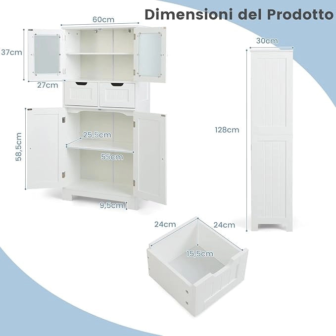 Armadio da Terra con 4 Ante, Mobile da Bagno con 2 Ante in Vetro 2 Cassetti e Ripiani Regolabili, Armadio Multifunzionale per Bagno e Soggiorno, 60x30x128cm (Bianco)