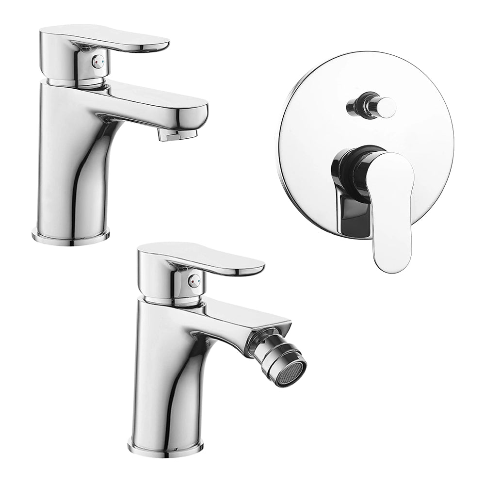 Set miscelatore lavabo bidet con piletta e doccia con deviatore cromo lucido Selma
