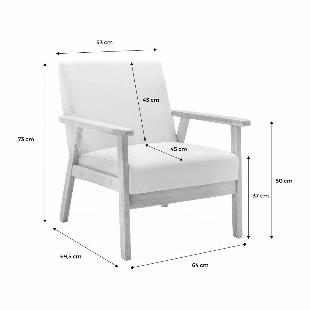 Set panca e poltrona in legno e tessuto, 3 posti, crema