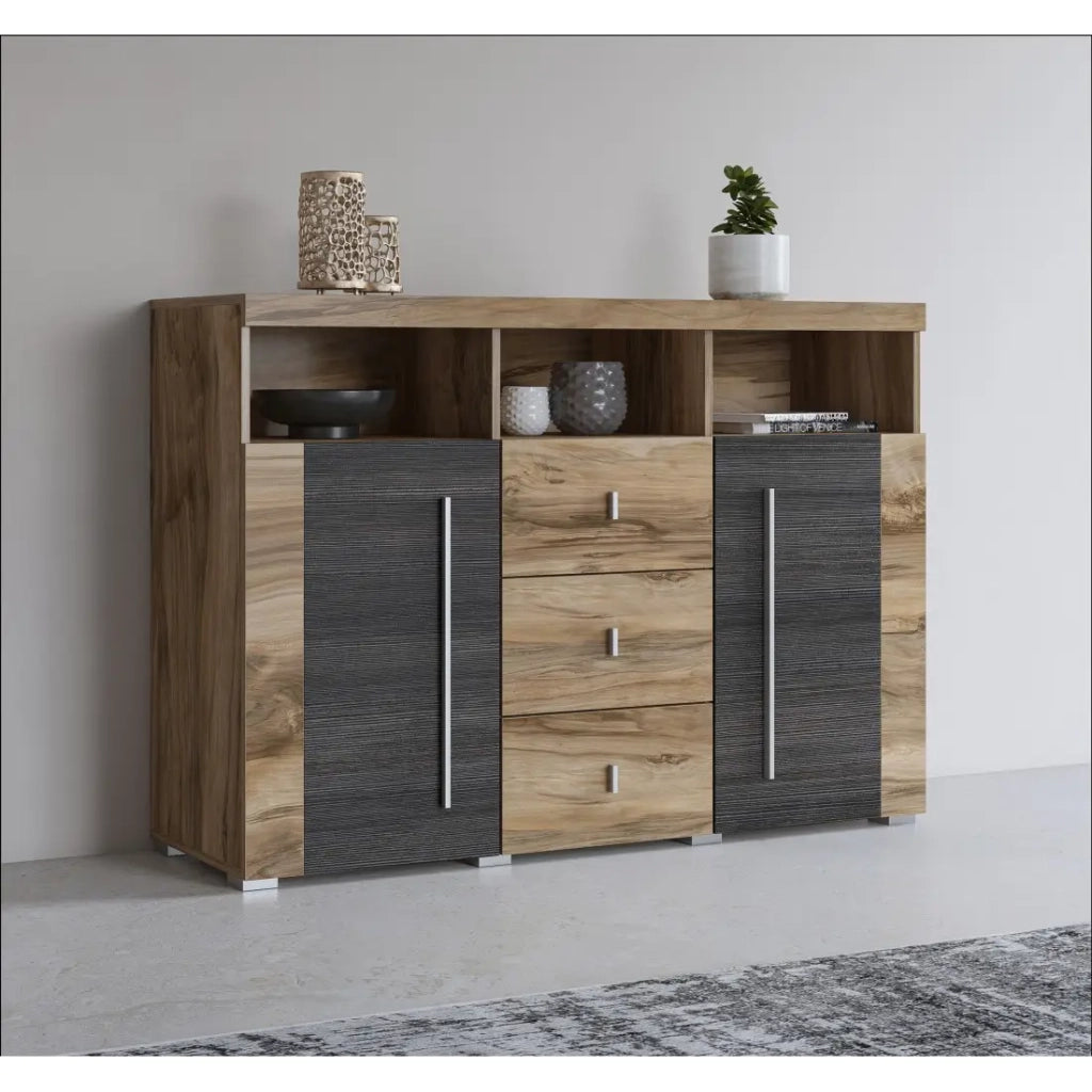 Buffet BRAZZA 2 porte 3 cassetti – Colore noce satinato – Niche aperte – 132 cm