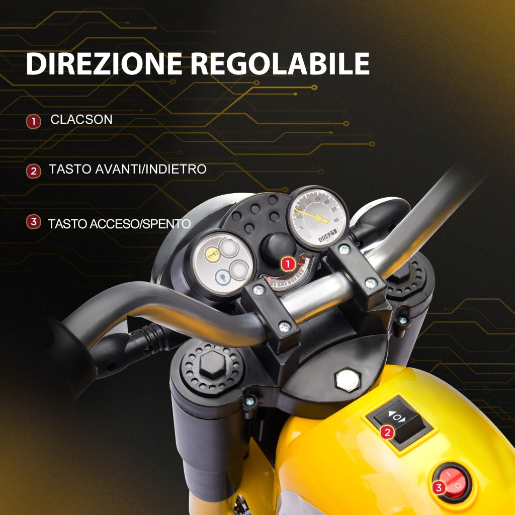 EasyComfort Moto Elettrica per Bambini a 3 Ruote con Luci e Suoni, Batteria Ricaricabile 6V, Velocità 2 km/h, per Bimbi da 18-36 Mesi, 72cmx57cmx56cm Gialla