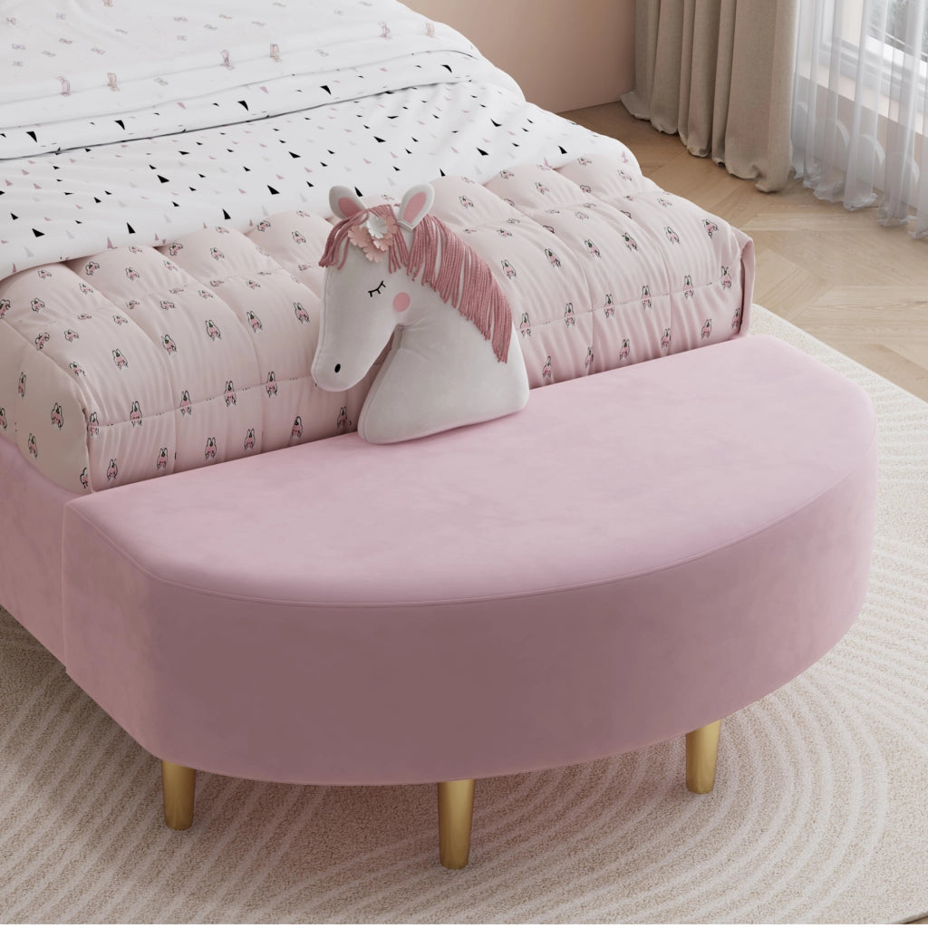 LETTO imbottito 90x200 cm in velluto rosa con panca coordinata