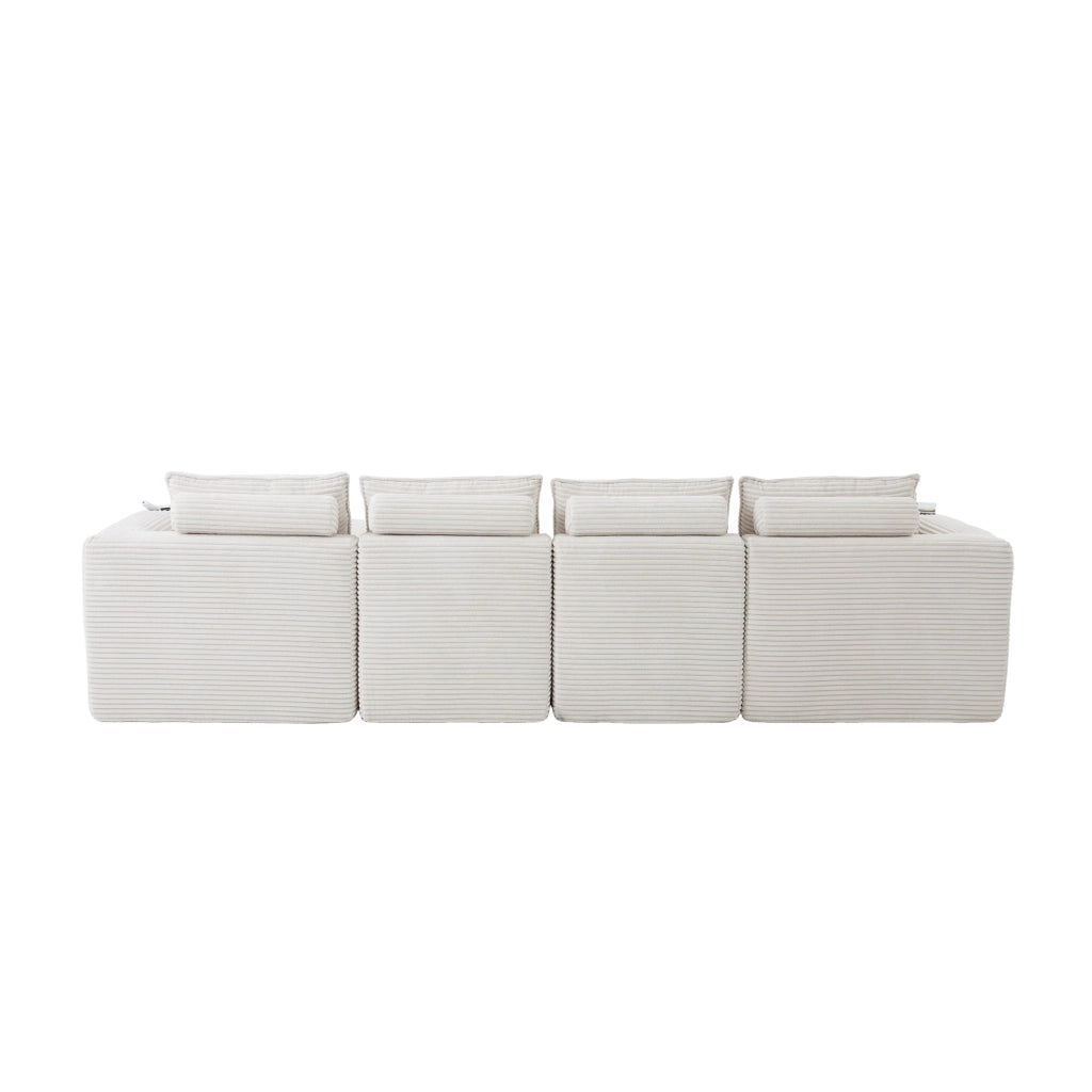 Divano Modulare 4 Posti con Poggiapiedi, Cuscini e Portabicchieri ¨C MINIMAL ¨C Beige, Tessuto a Coste