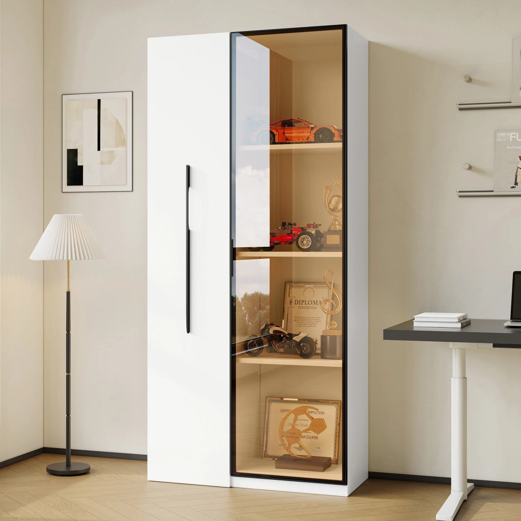 Libreria Vetrina con 1 Anta; cassetto laterale estraibile con ruote e LED; in MDF; Bianco; 70??40??160 cm
