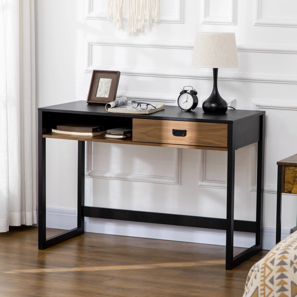 Scrivania per Camera e Ufficio con Cassetto Stile Industriale, 110x50x76cm, Noce e Nero
