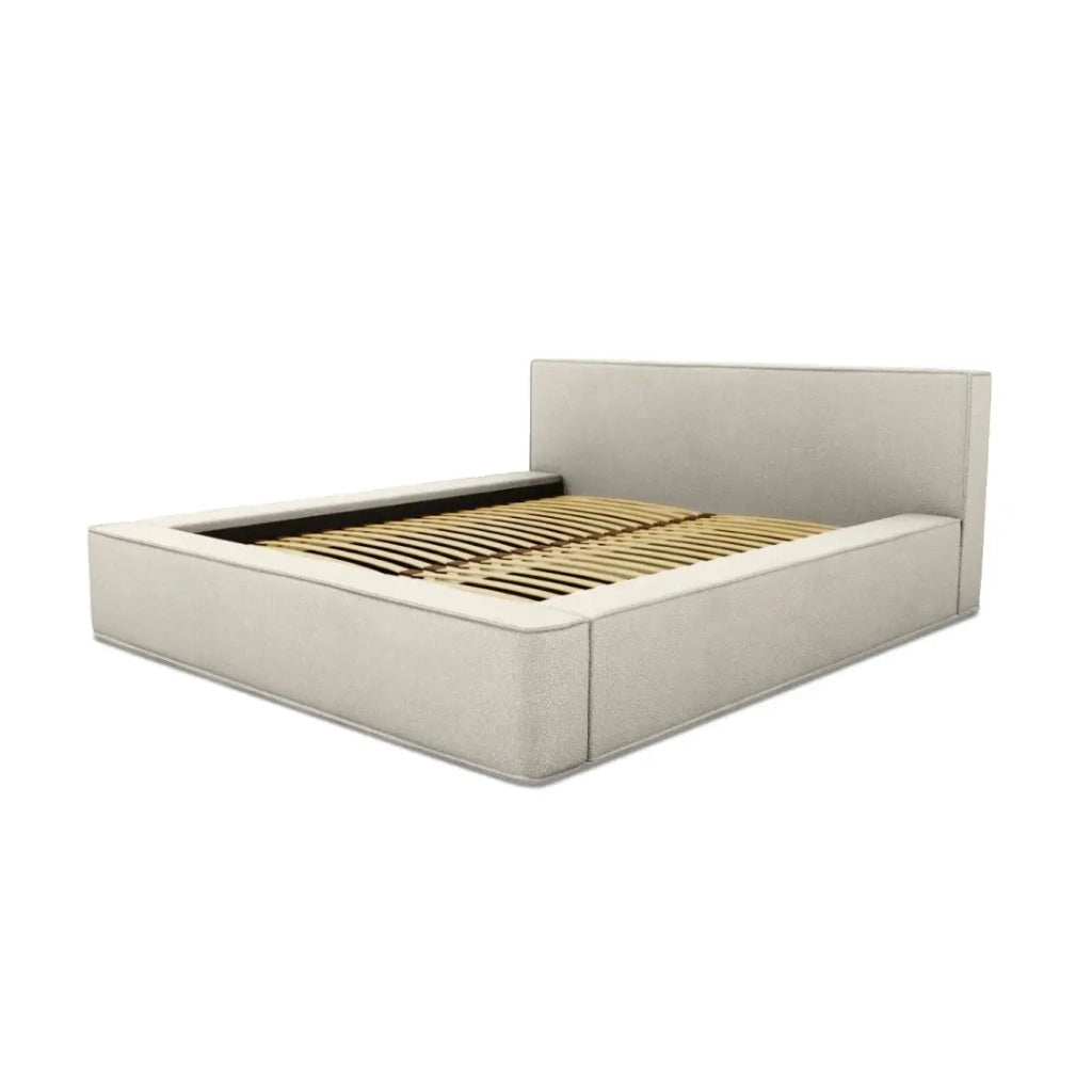Letto contenitore VELORA – Sabbia ricciolata – 140x200 cm – Tessuto effetto lana – Rete sollevabile – Spazio di stoccaggio integrato