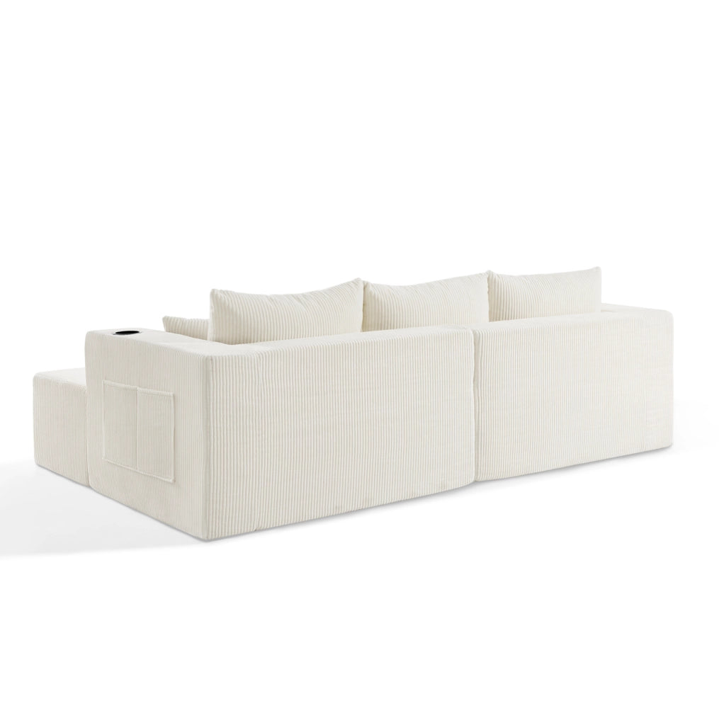 Divano angolare modulare a 3 posti con pouf mobili; tessuto a coste beige