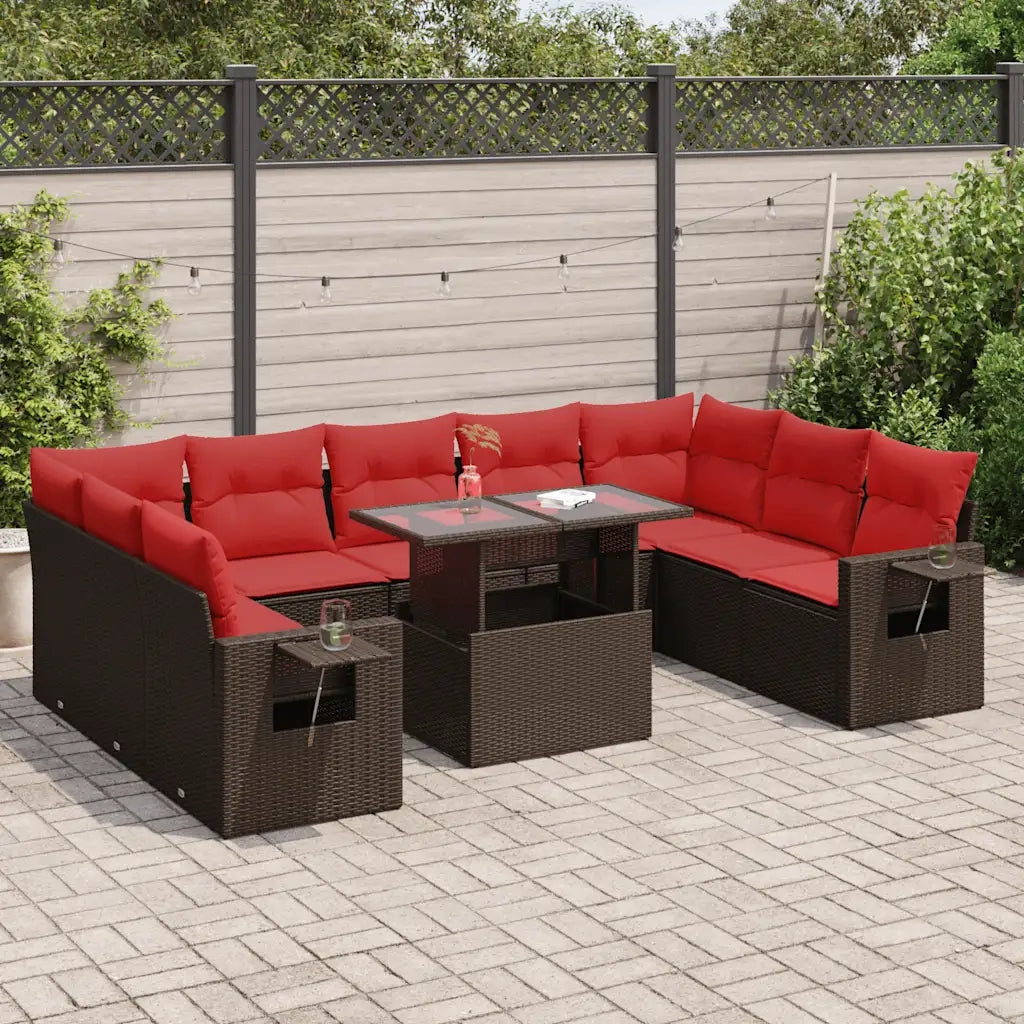 Set Divani Giardino 10 pz con Cuscini Polyrattan Marrone Acacia 3326545