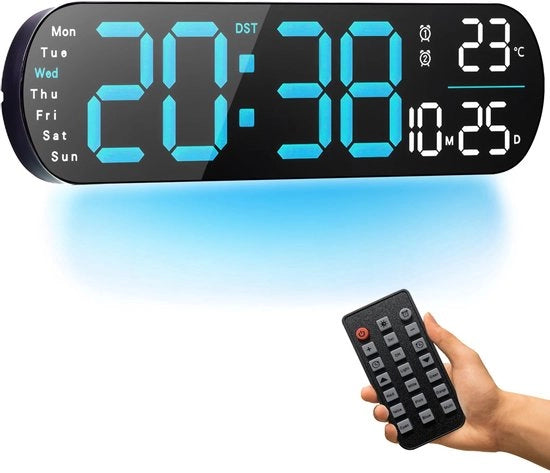 Orologio Digitale per Parete con Comando a Distanza, 14 pollici - Multifunzionale, 8 Lampioncini a Led a Sfondo, Led Dimmabile, Display della Temperatura