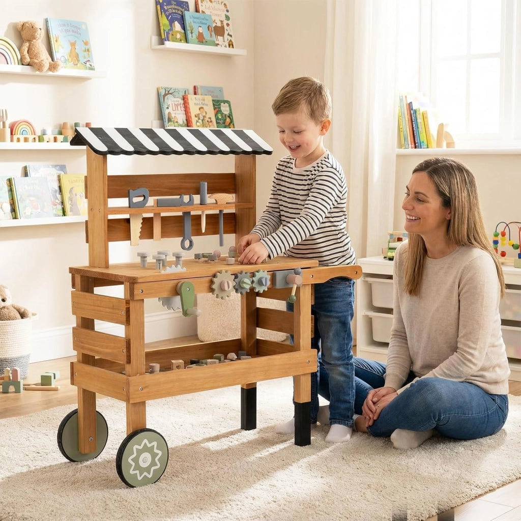 Banco da Lavoro in Legno per Bambini, Carrello 2 in 1 con Accessori Realistici, Maniglia Portatile, Cappottina Superiore e Porta Attrezzi, Tavolo da Lavoro Giocattolo Officina 3+ Anni