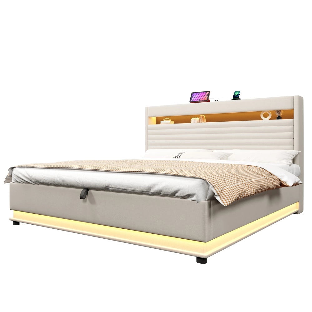 Letto Imbottito Contenitore con LED e USB ¨C MINIMAL ¨C Matrimoniale 180x200, Tessuto Beige
