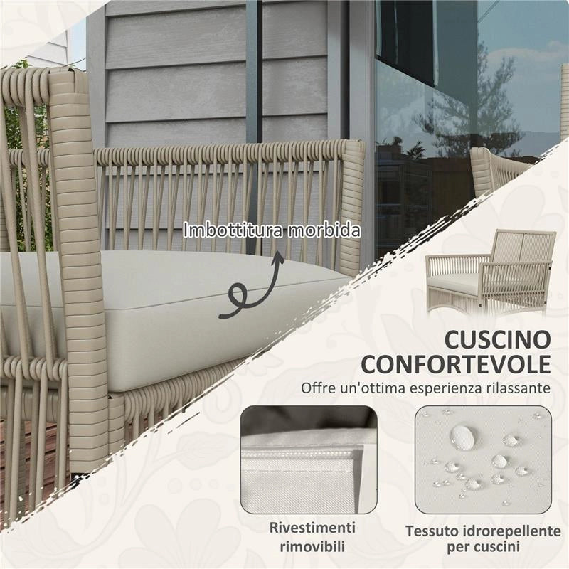 SET DA GIARDINO IN RATTAN DA 4 PEZZI CON 2 POLTRONCINE, DIVANO E TAVOLINO DA CAFFÈ, KAKI