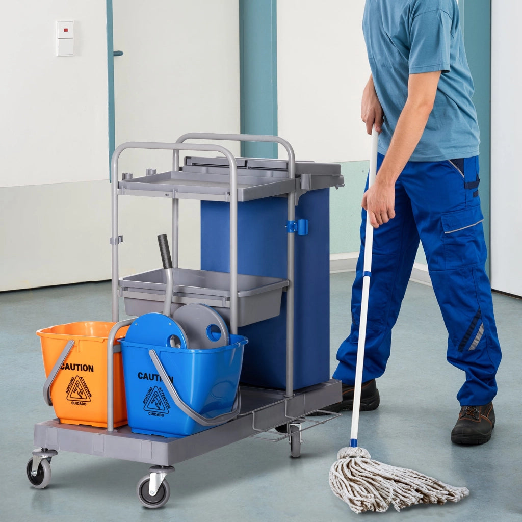 Carrello Pulizie Professionale 2 Secchi con Strizzatore e 3 Ripiani Grigio Blu e Arancione