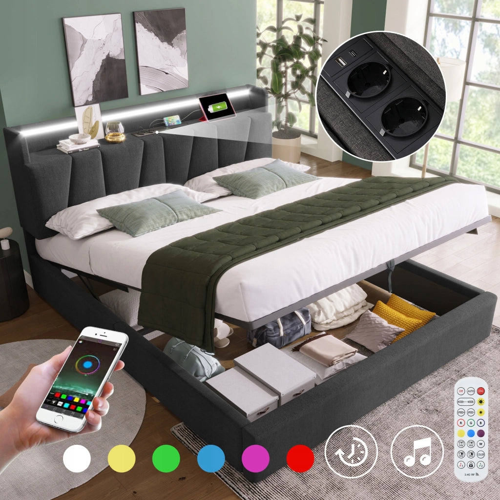 Letto imbottito 140x200 grigio con USB e LED - Xylo