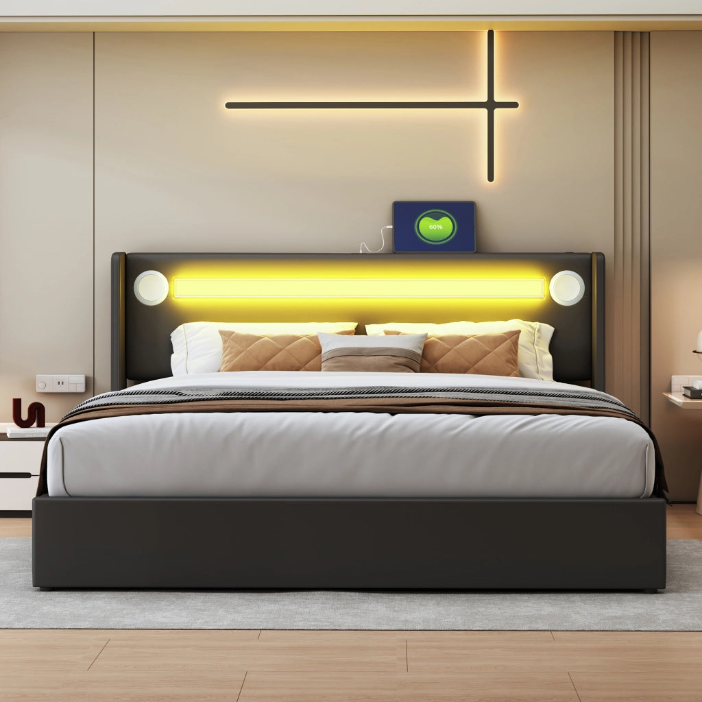 LETTO MATRIMONIALE 160x200 cm in PU nero con LED, Bluetooth e 2 porte USB