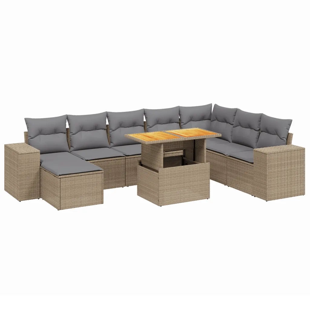 Set Divano da Giardino 9 pz con Cuscini Beige in Polyrattan