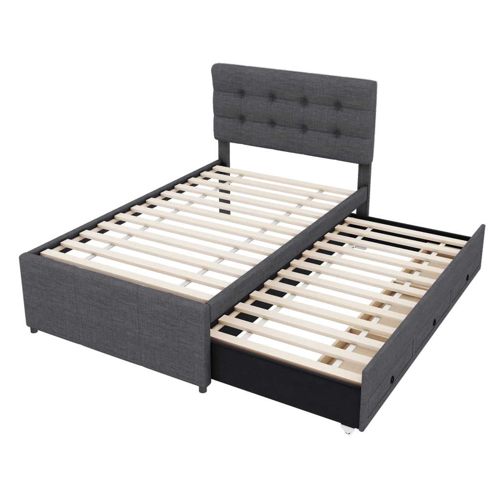 Letto a traguardo imbottito 90x200cm con 3 cassetti e letto estraibile in grigio