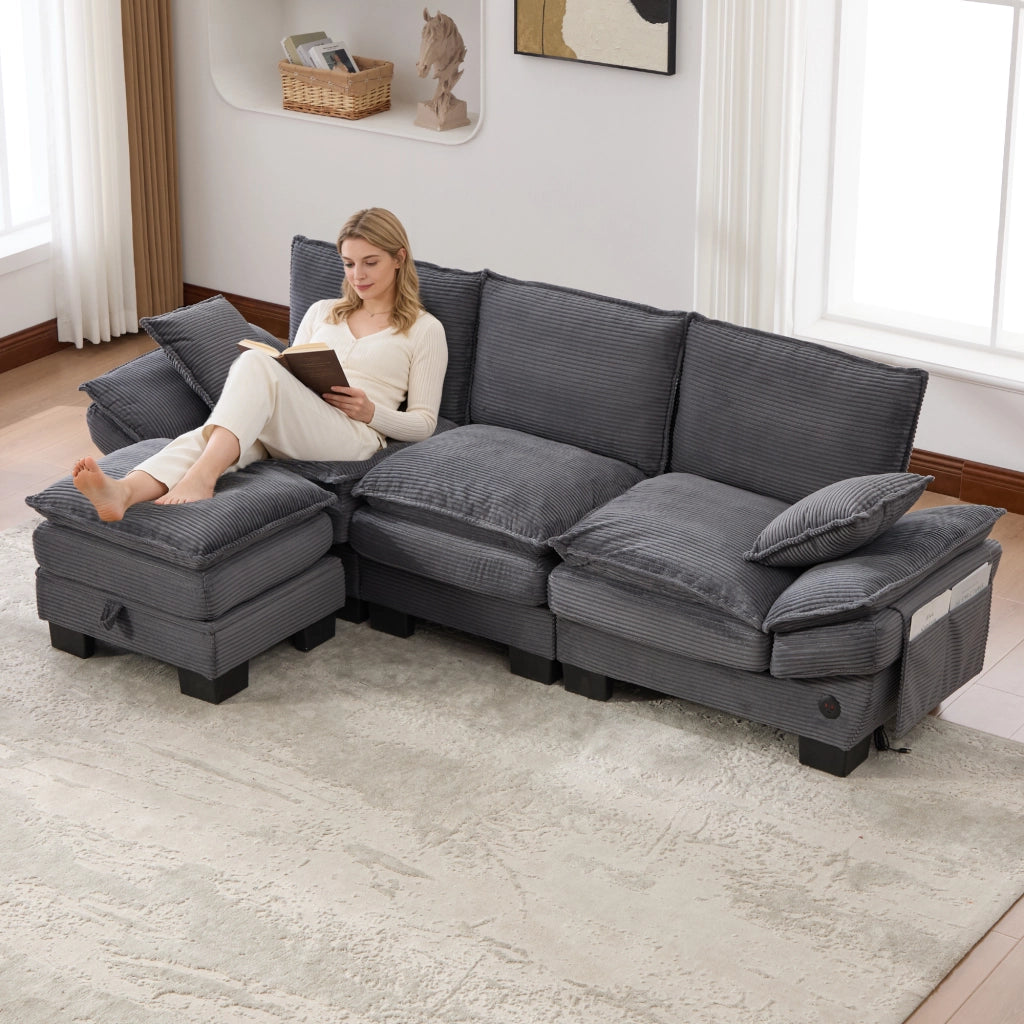 Divano 3 Posti con Poggiapiedi in Tessuto ¨C MINIMAL ¨C Grigio Scuro