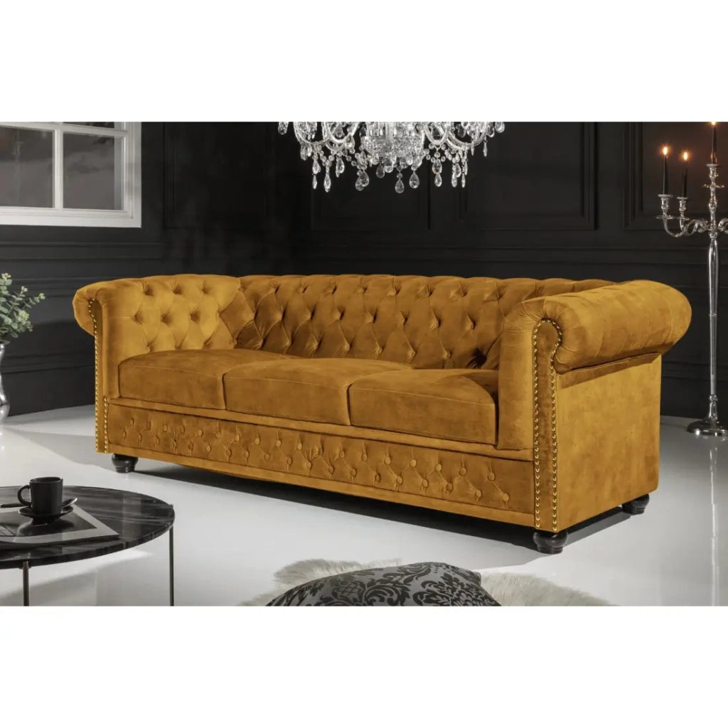 Divano dritto EDGAR – Giallo senape – 3 posti – Velluto stile barocco