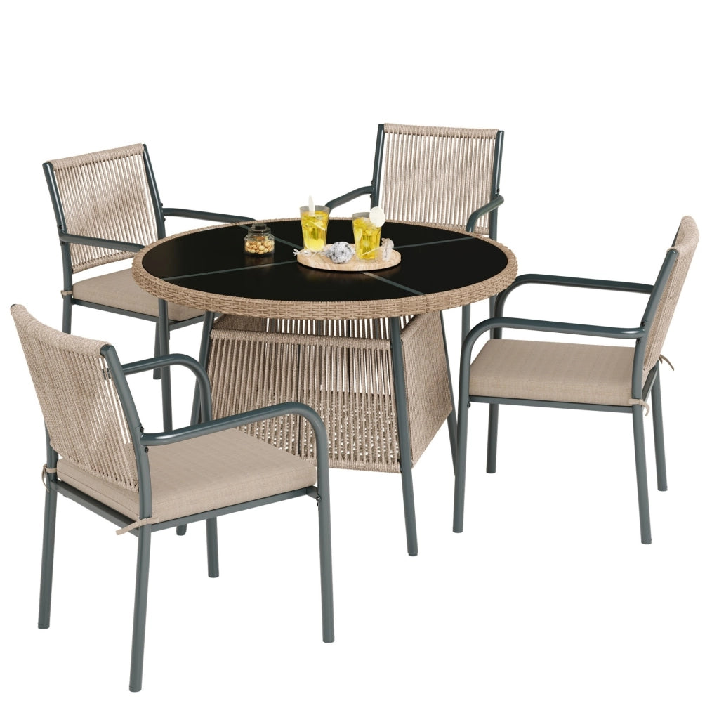 Set da giardino da pranzo 5 pezzi per 4 persone con tavolo in vetro temperato e cuscini; grigio e naturale