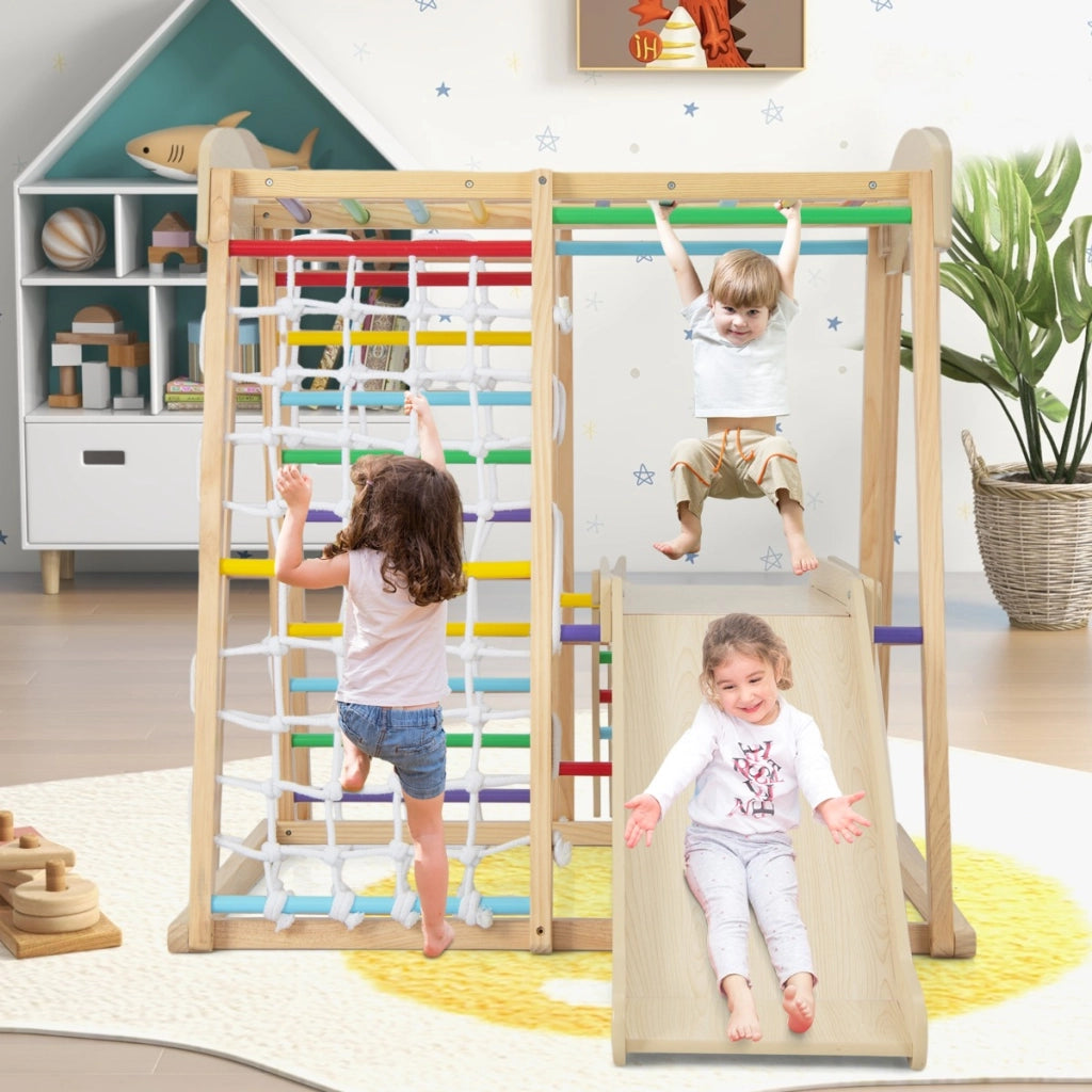 Parco giochi 6-in-1 per bambini 1+ anni con barre di scimmia scivolo corda e scale in legno, Palestra in legno Naturale