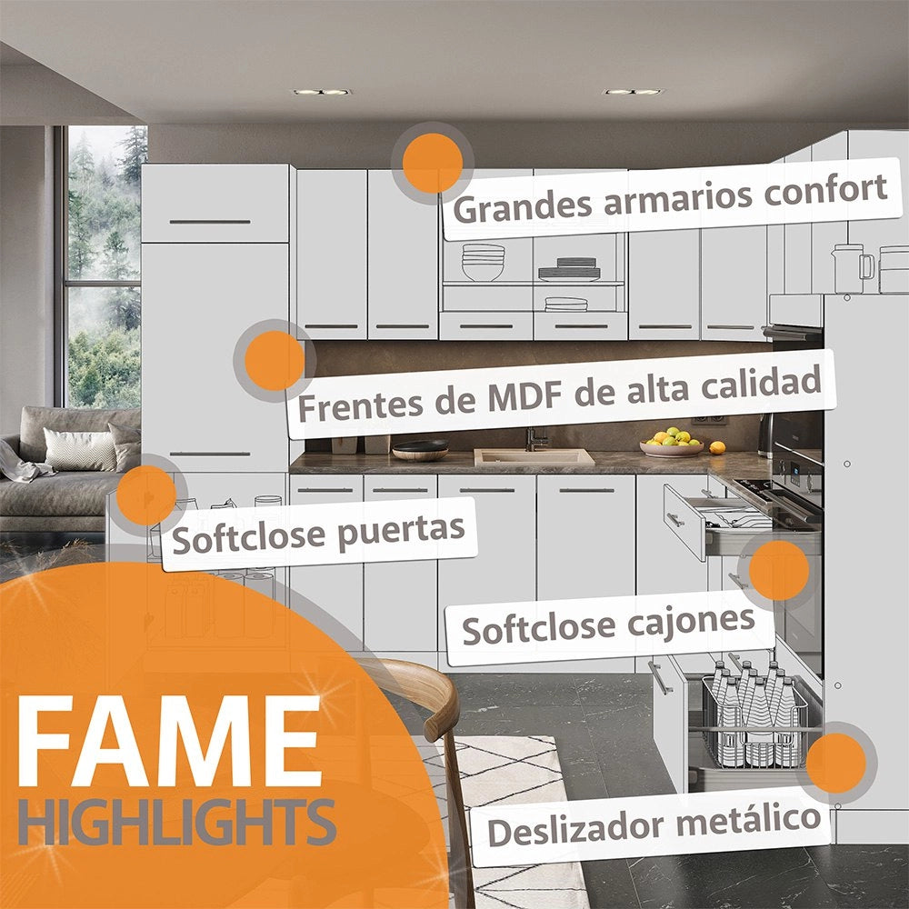 Cucina componibile Fame-Line Antracite rustico/Bianco 200 cm, PL Marmo Vicco