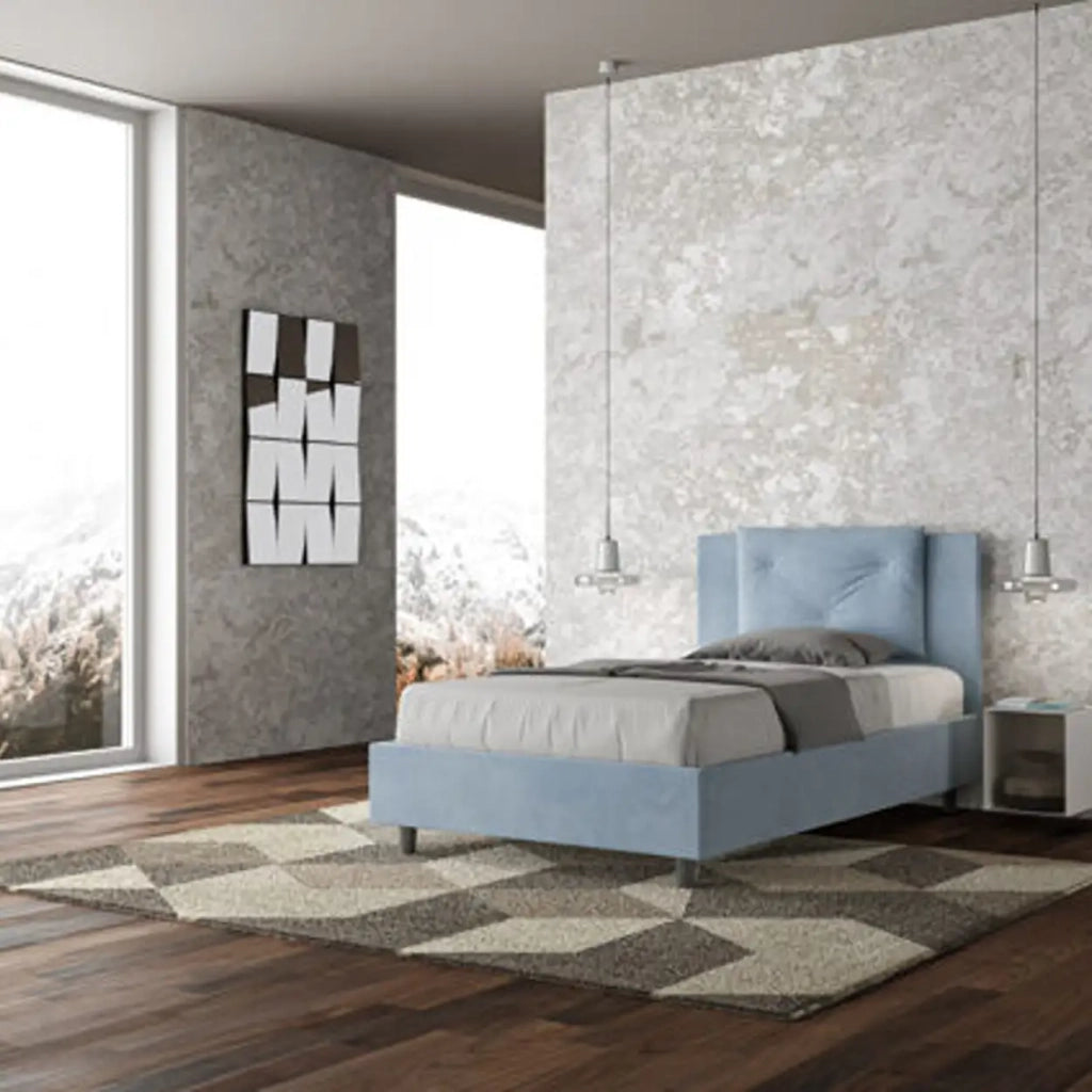 Letto una piazza e mezza con rete imbottito 120x190 microfibra azzurro Appia