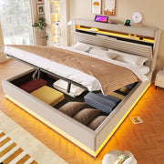 Letto Imbottito Contenitore con LED e USB ¨C MINIMAL ¨C Matrimoniale 180x200, Tessuto Beige