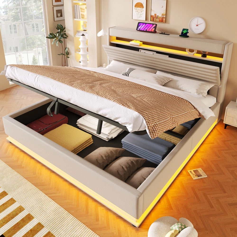 Letto Imbottito Contenitore con LED e USB ¨C MINIMAL ¨C Matrimoniale 180x200, Tessuto Beige