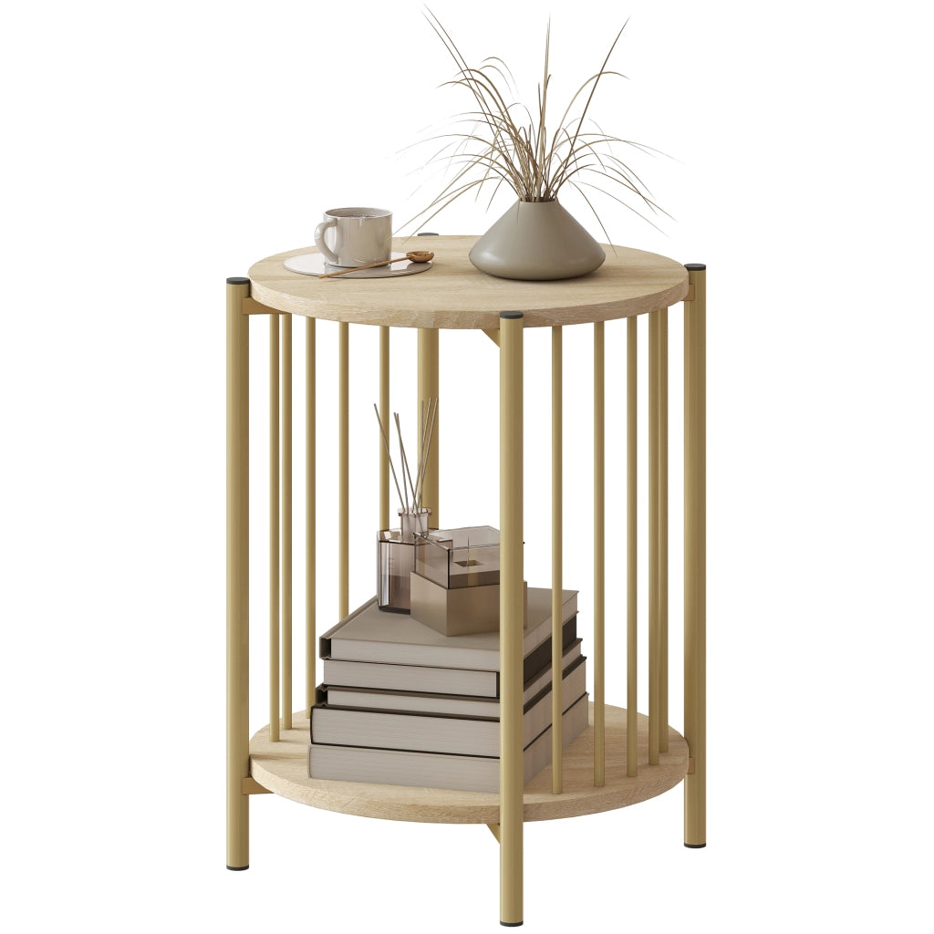 Tavolino da salotto rotondo a due livelli con ripiano ¨C Minimal ¨C legno naturale acciaio 41x49 cm