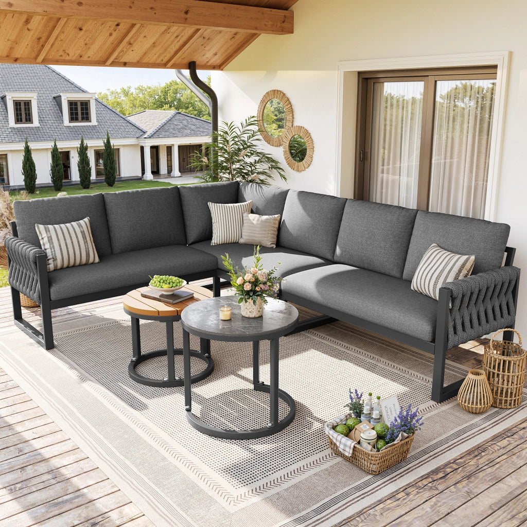 Set divano da giardino modulare 5-6 posti con tavolini; cuscini sfoderabili; grigio