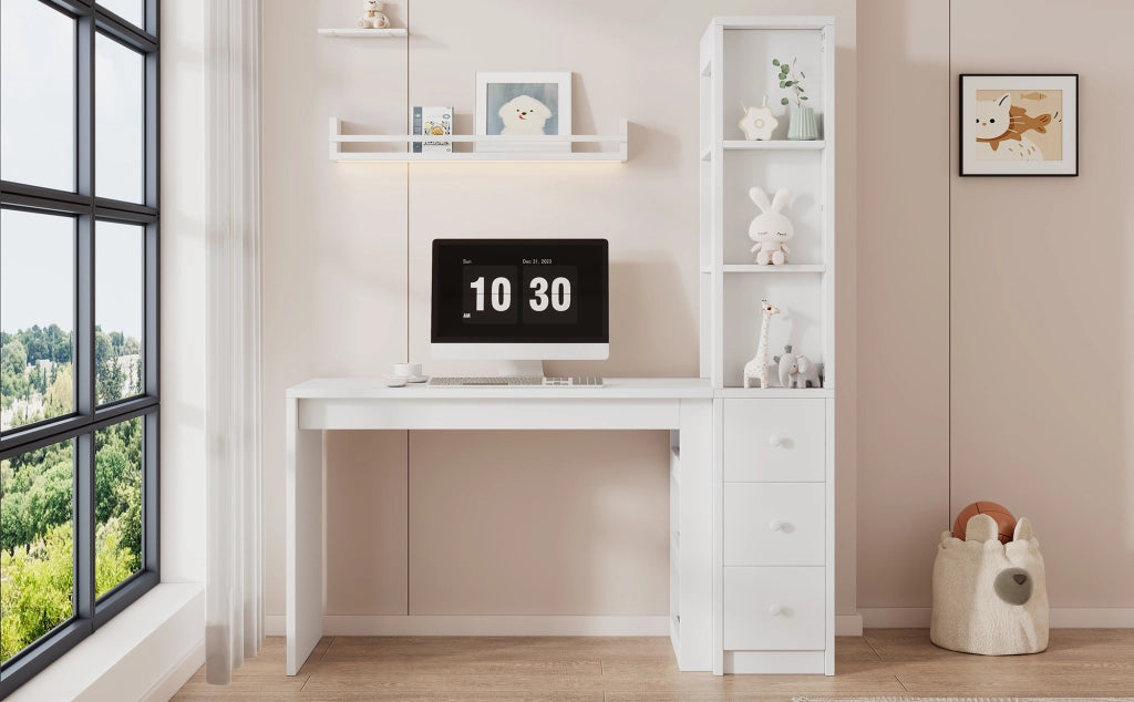 Scrivania lineare con libreria, 3 cassetti e mobile laterale, per studio e lavoro, bianco