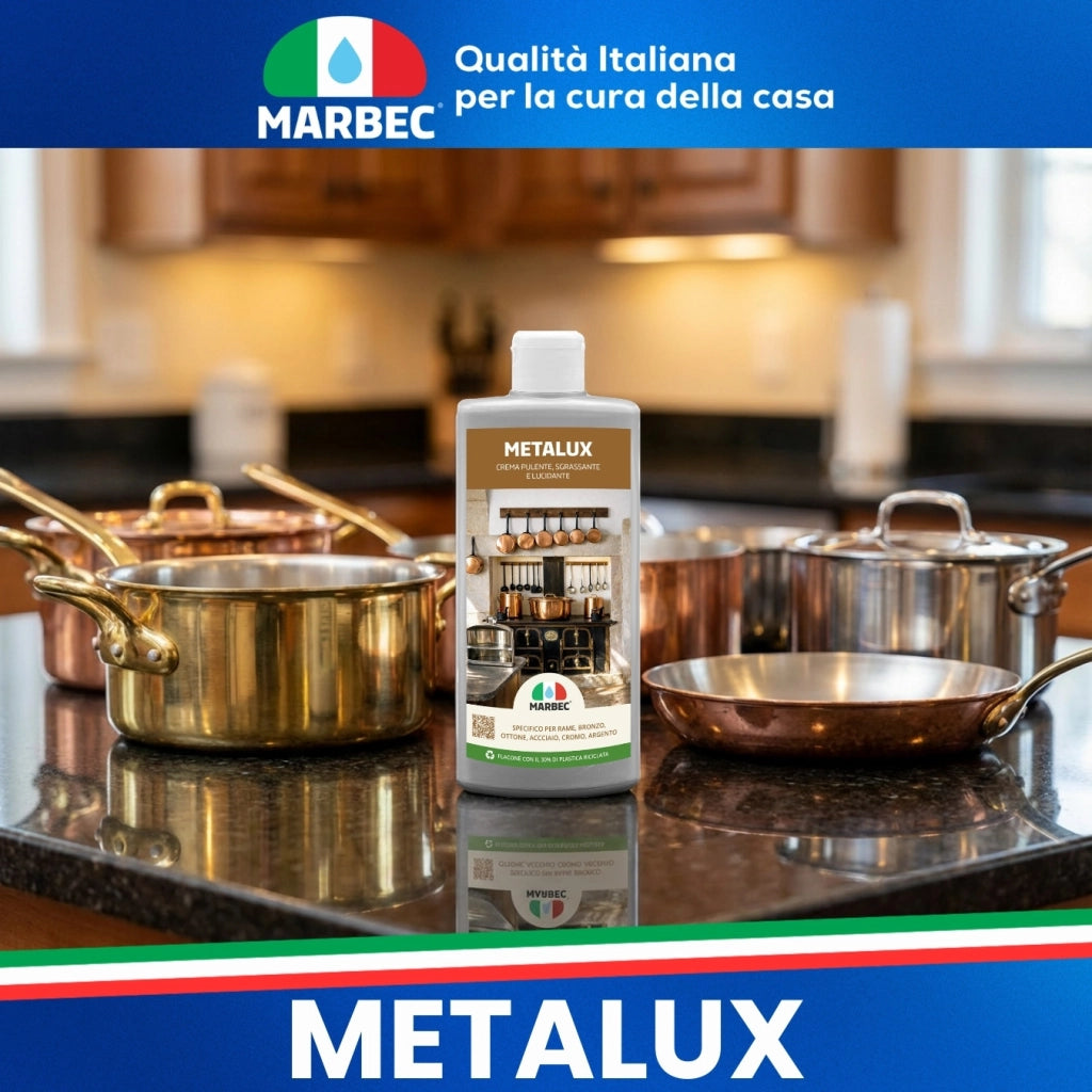 Crema lucidante metalli, pulizia e brillantezza in un solo gesto, ideale per rame e acciaio Marbec METALUX - 250GR