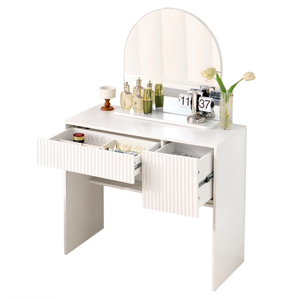 Tavolo trucco con specchio arcuato, 2 cassetti, design moderno, bianco, MDF