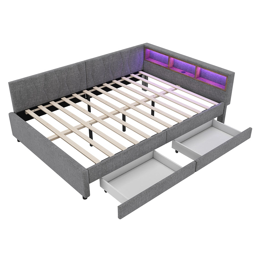 Daybed-Xylo-140x200 cm-LED, USB-C, 2 cassetti, lino grigio