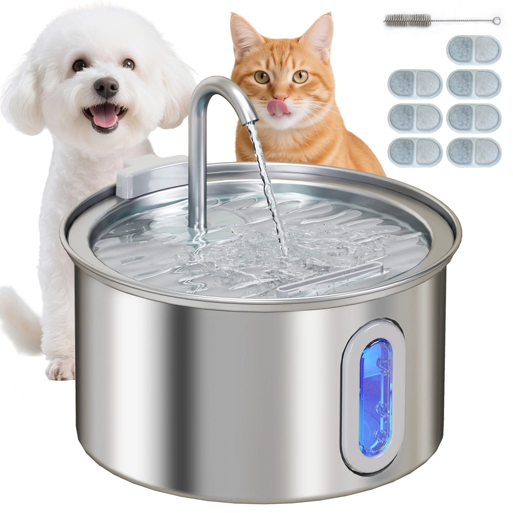 Fontanella per Gatto 2.5L ¨C Xylo ¨C Acciaio Inox con Luce LED e 2 Flussi - 19.4x19.4x18.7cm