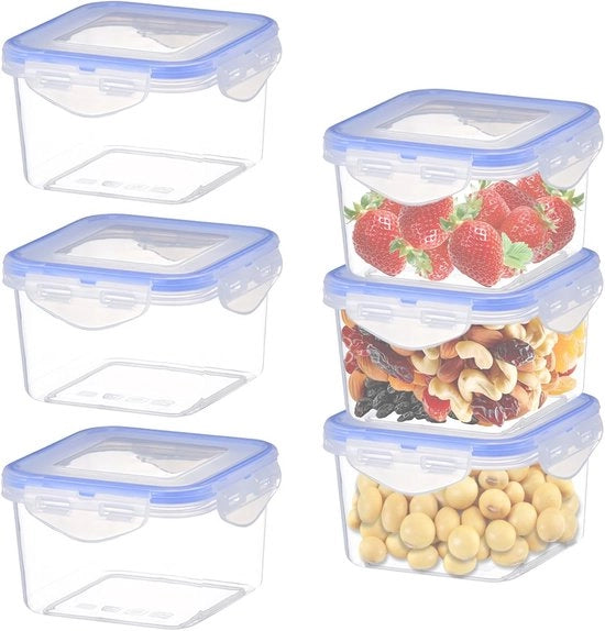 Set di contenitori in plastica trasparente con coperchio, 6 pezzi, 430 ml, con chiusura a stappello