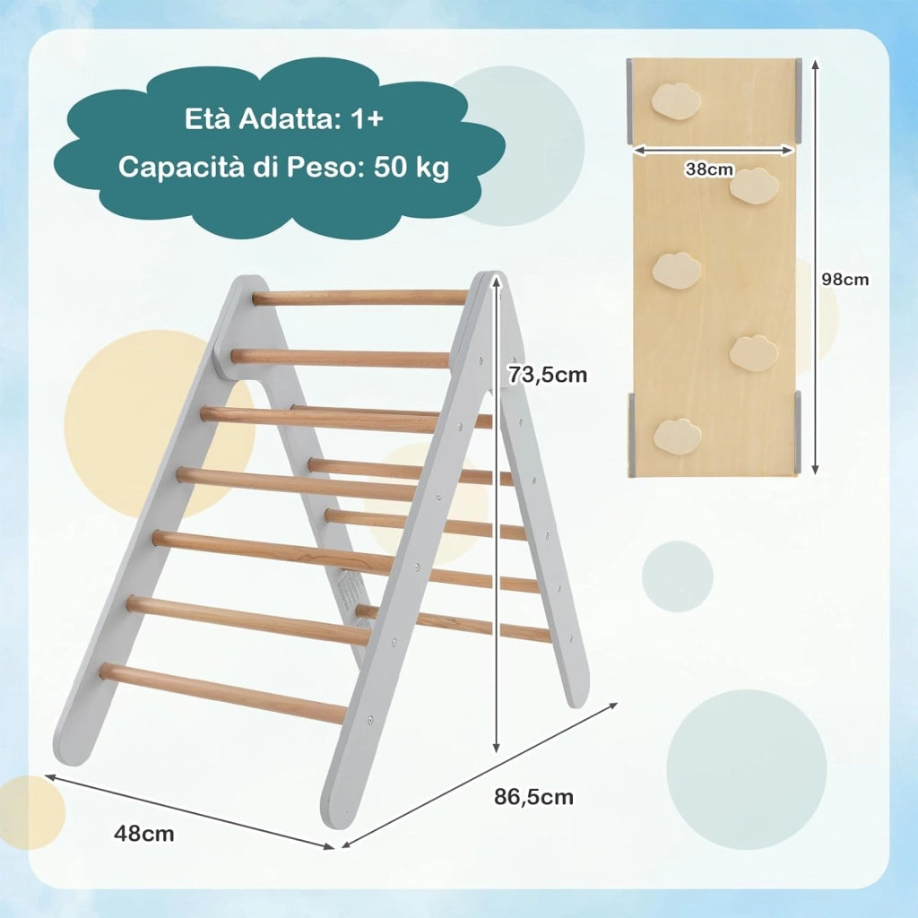 3 in 1 Arrampicata Giocattolo a Triangolo per Bambini, Set di Arrampicata con Rampa di Scivolo a 2 Lati e Inclinazione Regolabile, Arrampicatore per Bambini 1 Anno+ (Grigio)
