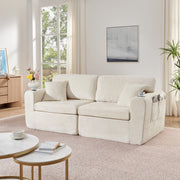 Divano a 2 posti compatto con tasca laterale, portabicchieri, cuscini e ricarica USB in chenille beige