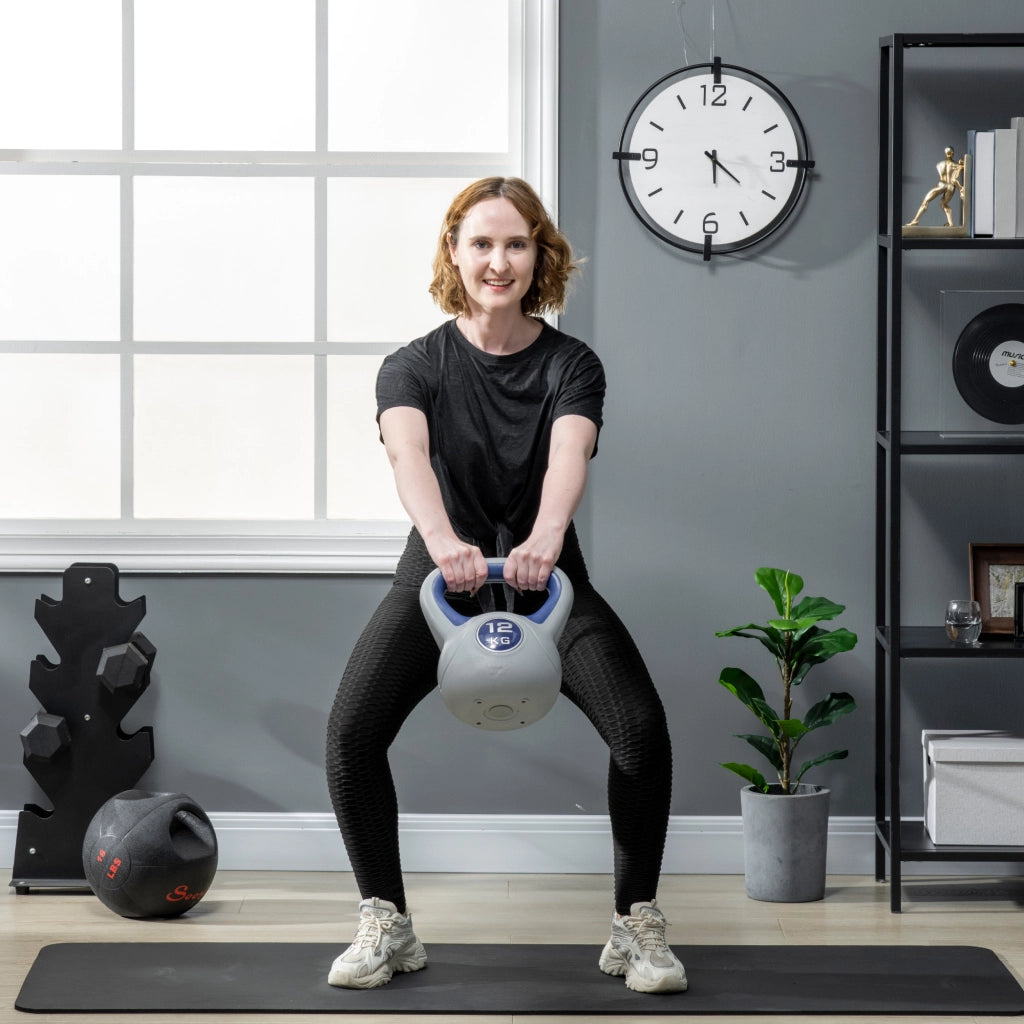 Kettlebell da 12 kg, adatto per allenamento a terra, ideale per allenamento di forza e fitness, colore blu, perfetto per allenamenti a casa.