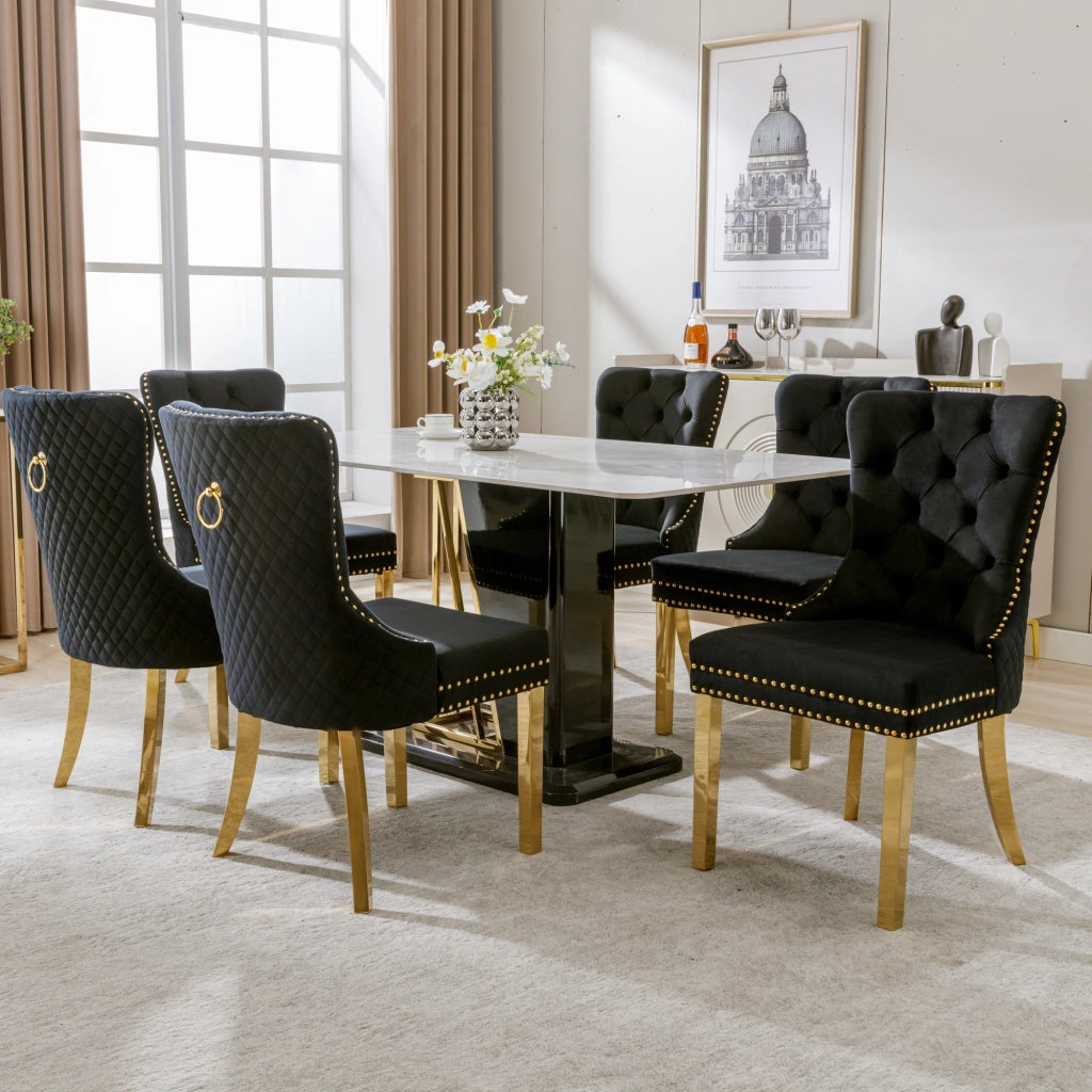 Sedia da Pranzo Imbottita in Velluto ¨C Xylo ¨C Nero/Oro, Schienale con Anello, Gambe in Acciaio Dorato, Set 6