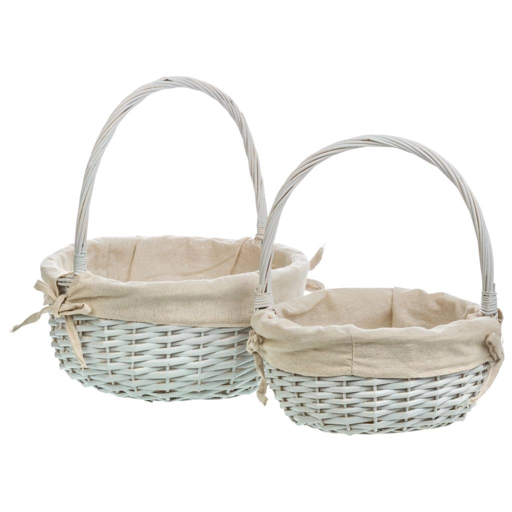 Set di 3 cestini in vimini bianchi foderati