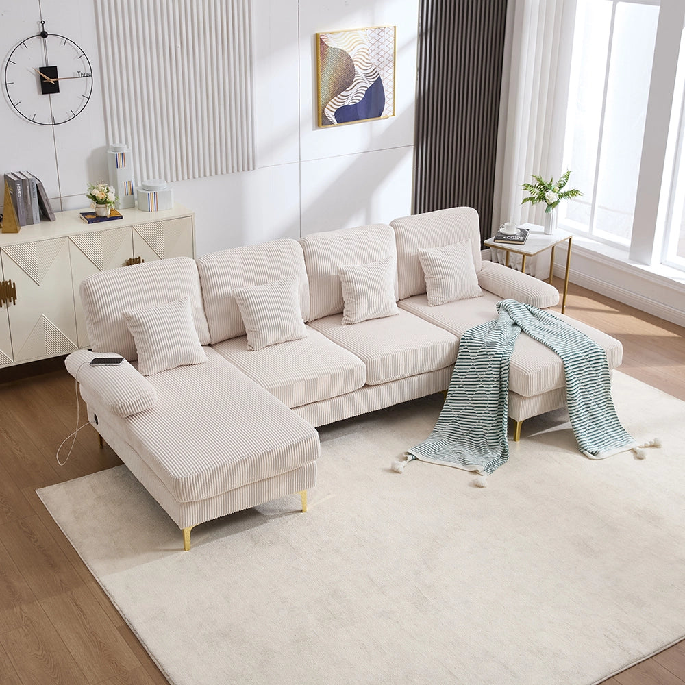 Divano a U - Xylo - LED/USB-C legno massello 4 cuscini beige