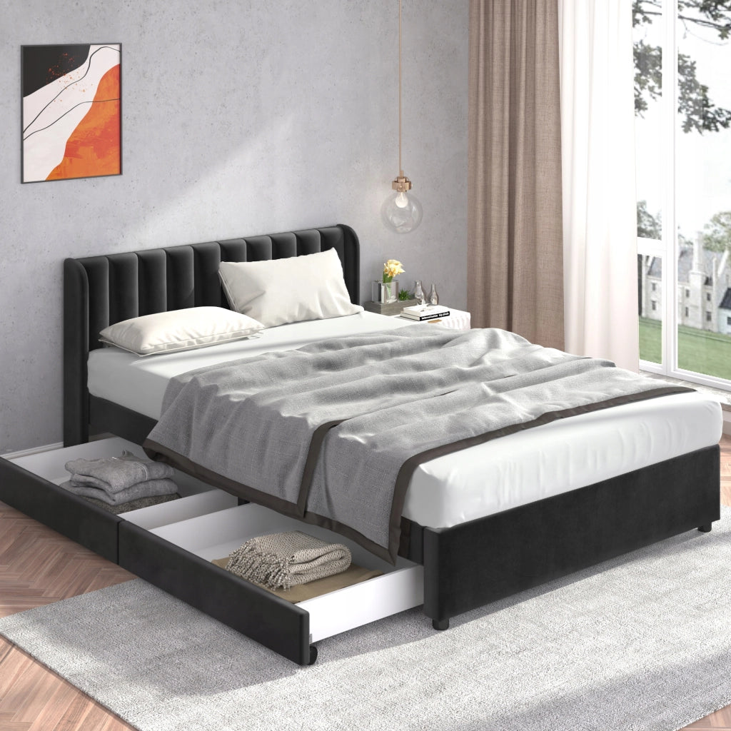 Letto imbottito 140x200 - Xylo - Velluto con 2 cassetti