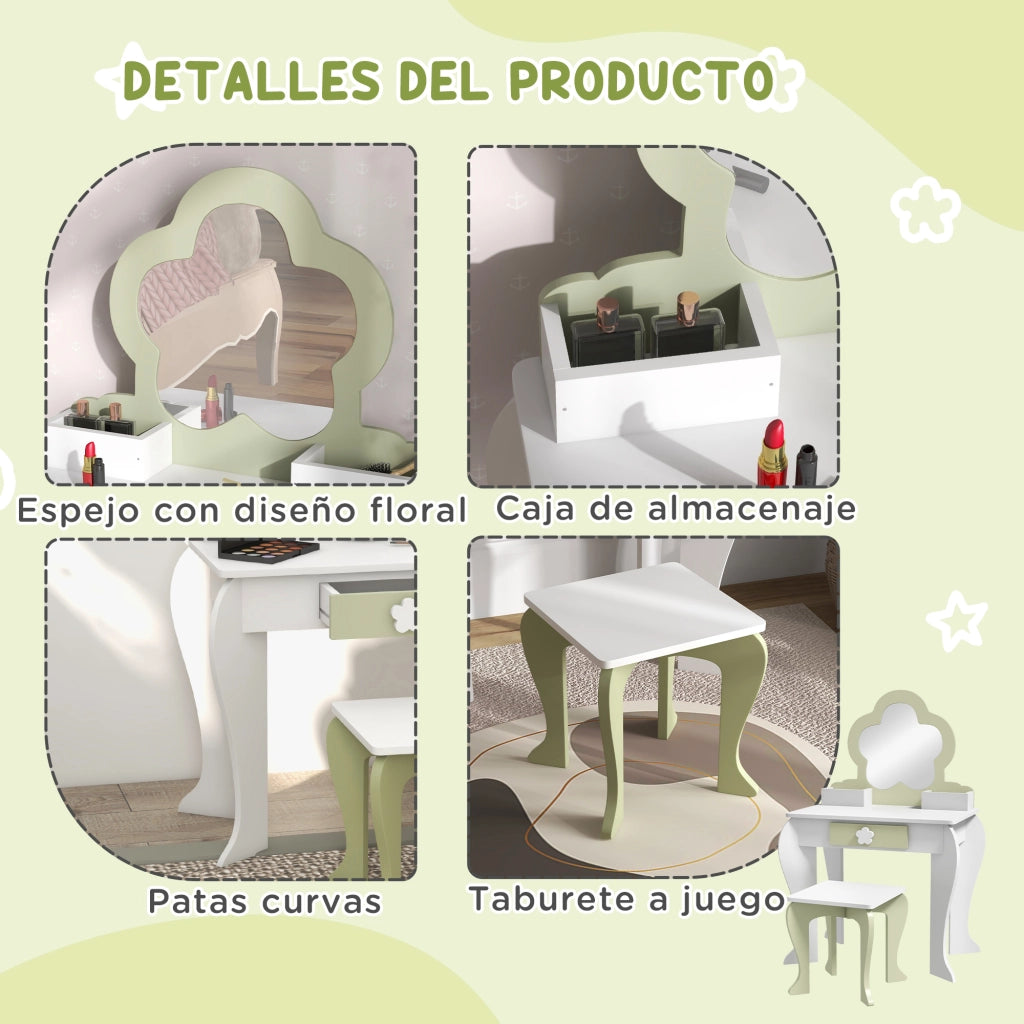 Toletta per Bambini con Specchio e Sgabello ¨C Xylo ¨C 2 Scatole 1 Cassetto 55x34x87,5cm Bianco Verde