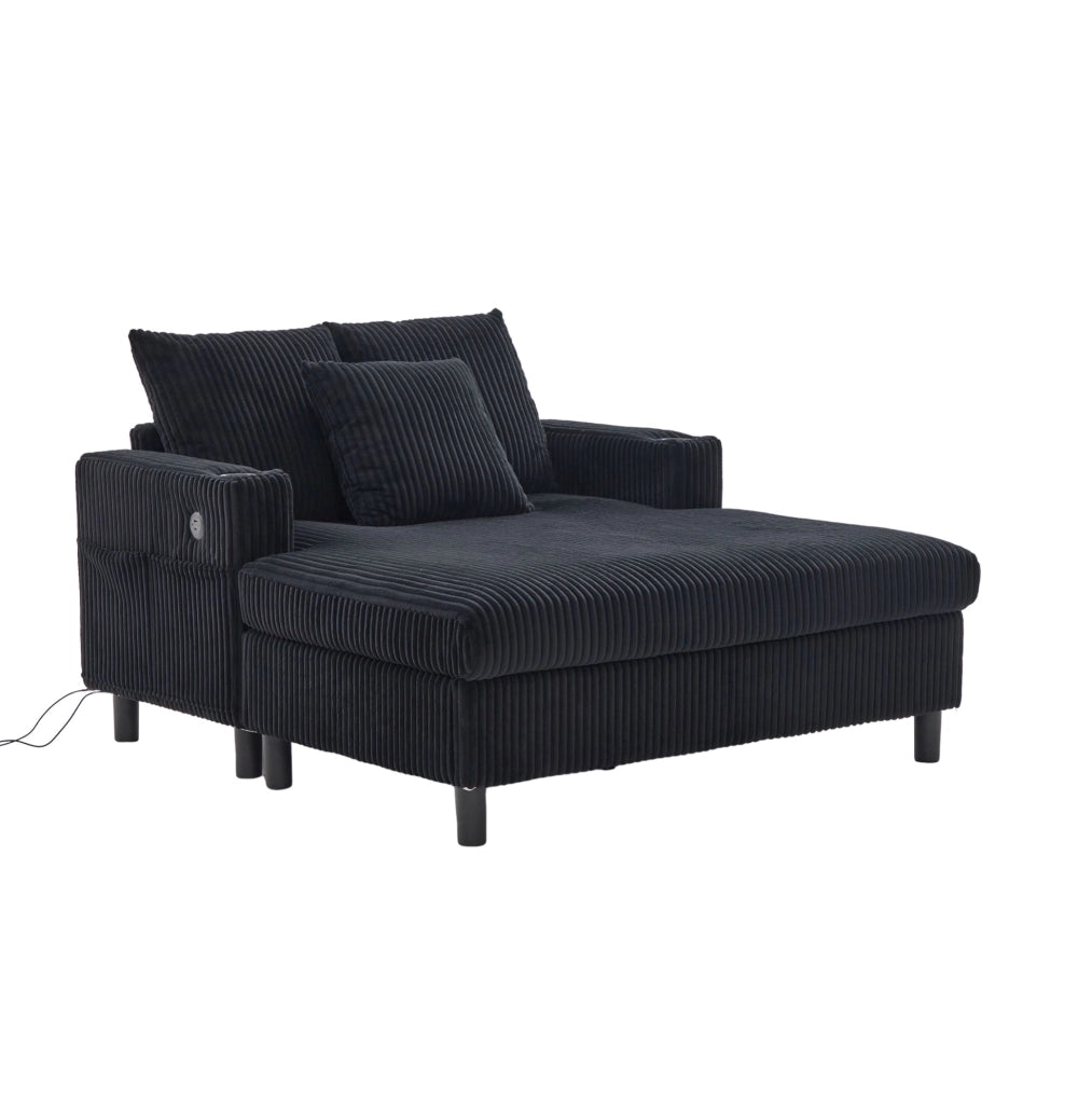 Poltrona relax oversize in velluto a coste nero con LED; USB; portabicchieri; 142 cm