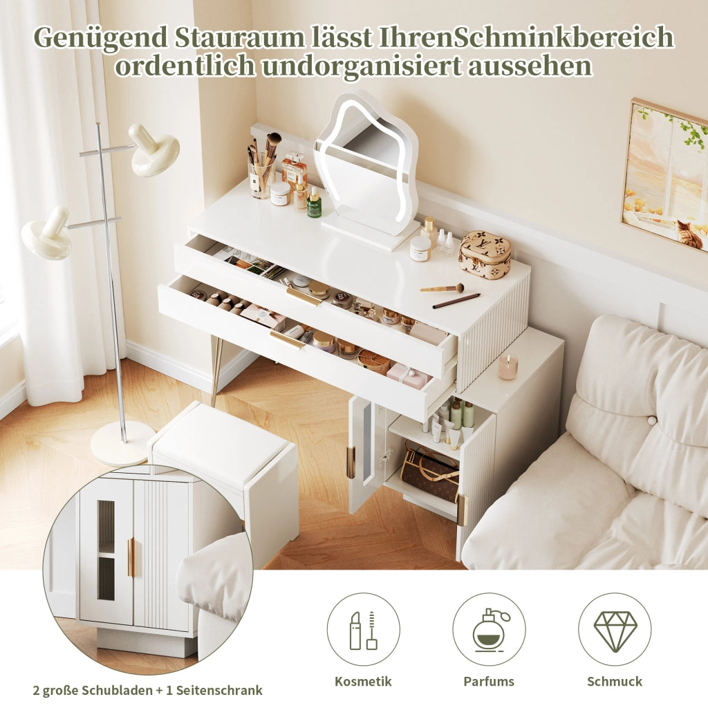Toeletta con 2 cassetti; specchio LED - camera da letto - 100×40×78 cm - bianco